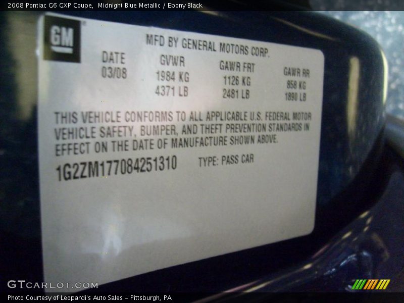 Midnight Blue Metallic / Ebony Black 2008 Pontiac G6 GXP Coupe
