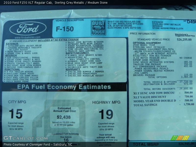 Sterling Grey Metallic / Medium Stone 2010 Ford F150 XLT Regular Cab