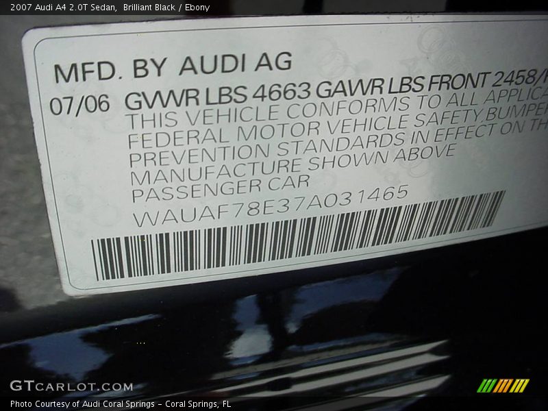 Brilliant Black / Ebony 2007 Audi A4 2.0T Sedan