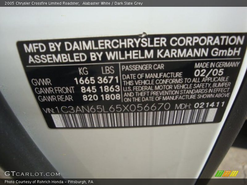 Alabaster White / Dark Slate Grey 2005 Chrysler Crossfire Limited Roadster