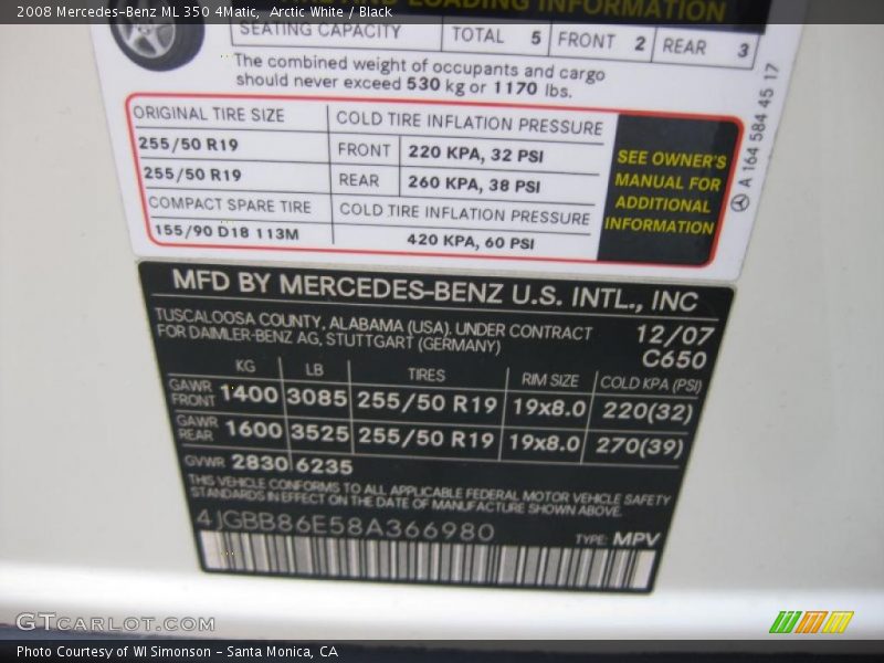 Arctic White / Black 2008 Mercedes-Benz ML 350 4Matic