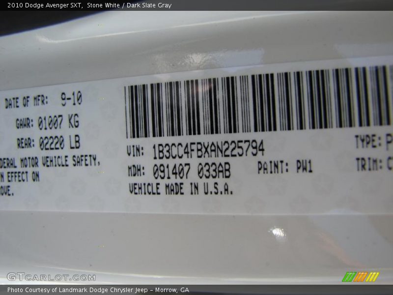 Stone White / Dark Slate Gray 2010 Dodge Avenger SXT