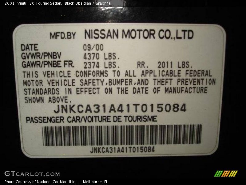 Black Obsidian / Graphite 2001 Infiniti I 30 Touring Sedan