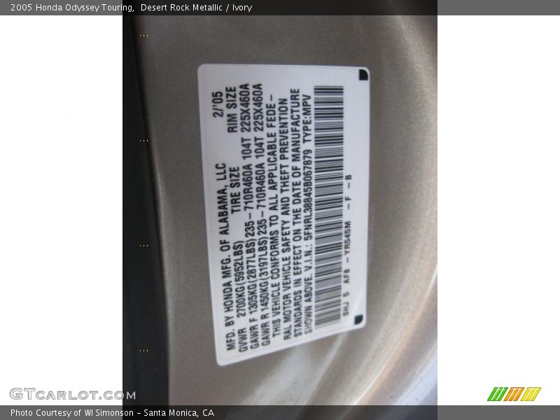Desert Rock Metallic / Ivory 2005 Honda Odyssey Touring