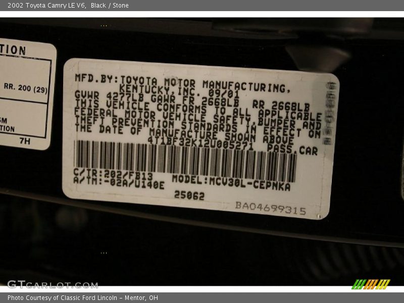 Black / Stone 2002 Toyota Camry LE V6