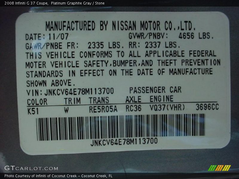 Platinum Graphite Gray / Stone 2008 Infiniti G 37 Coupe