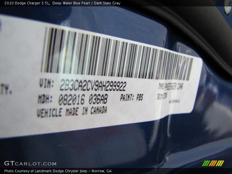 Deep Water Blue Pearl / Dark Slate Gray 2010 Dodge Charger 3.5L