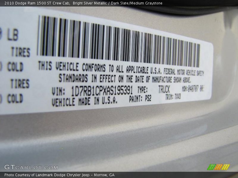 Bright Silver Metallic / Dark Slate/Medium Graystone 2010 Dodge Ram 1500 ST Crew Cab