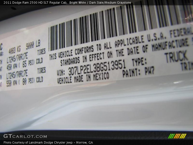 Bright White / Dark Slate/Medium Graystone 2011 Dodge Ram 2500 HD SLT Regular Cab