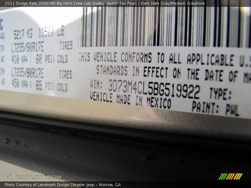 Austin Tan Pearl / Dark Slate Gray/Medium Graystone 2011 Dodge Ram 3500 HD Big Horn Crew Cab Dually