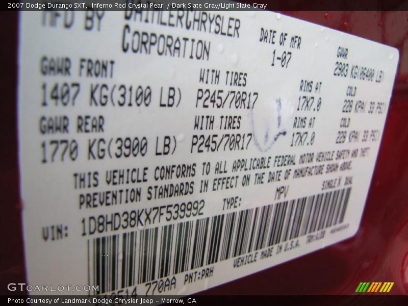 Inferno Red Crystal Pearl / Dark Slate Gray/Light Slate Gray 2007 Dodge Durango SXT
