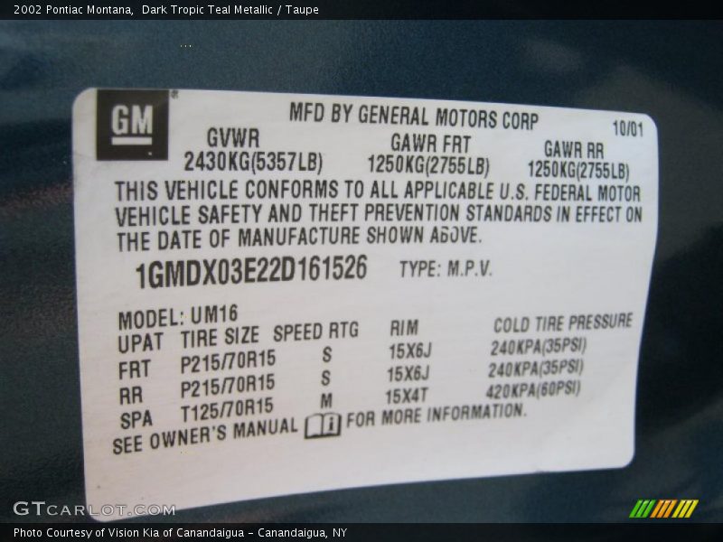 Dark Tropic Teal Metallic / Taupe 2002 Pontiac Montana