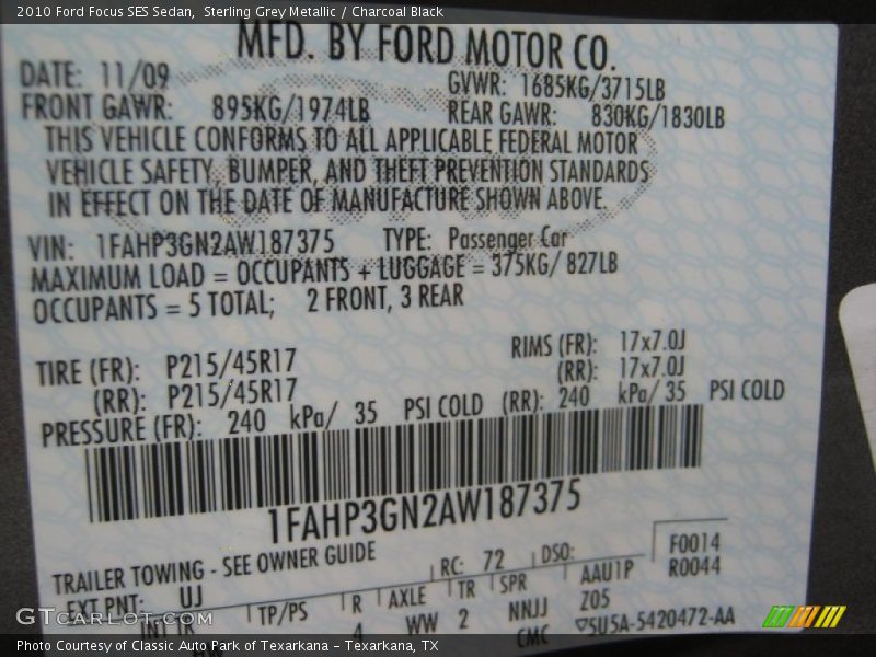 Sterling Grey Metallic / Charcoal Black 2010 Ford Focus SES Sedan