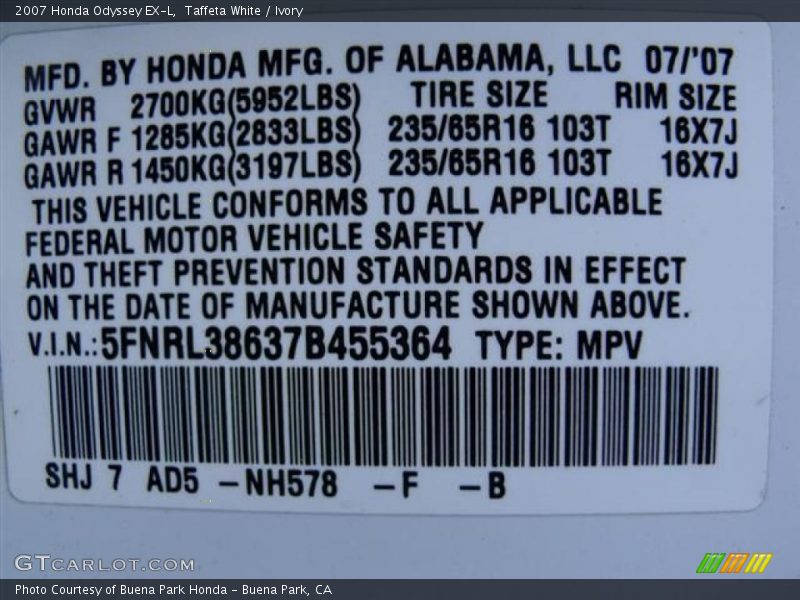 Taffeta White / Ivory 2007 Honda Odyssey EX-L
