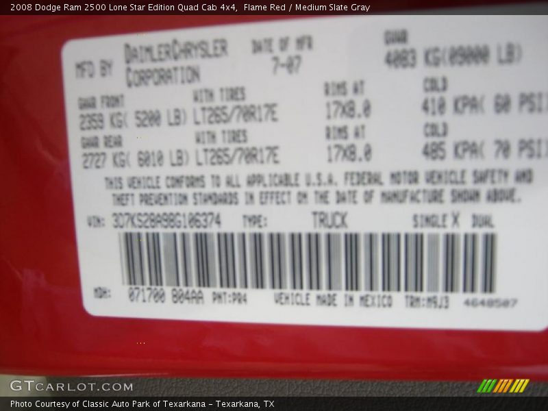 2008 Ram 2500 Lone Star Edition Quad Cab 4x4 Flame Red Color Code PR4