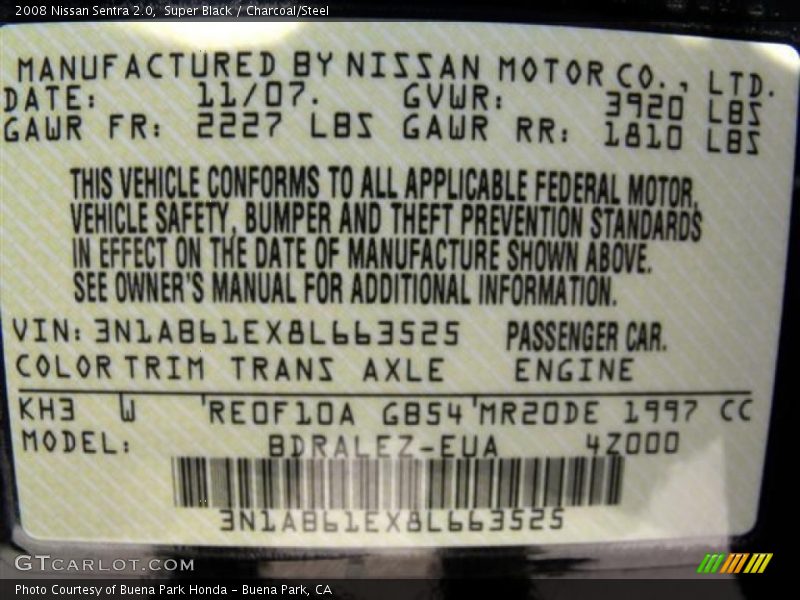 Super Black / Charcoal/Steel 2008 Nissan Sentra 2.0