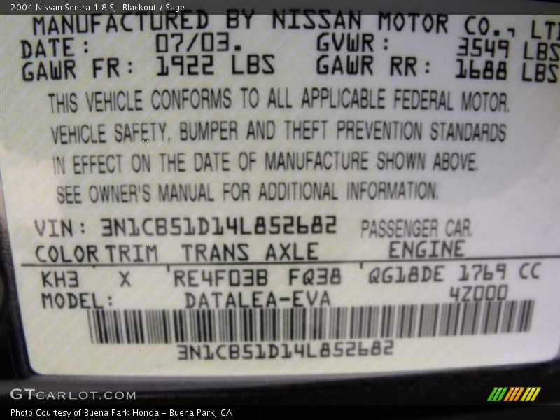Blackout / Sage 2004 Nissan Sentra 1.8 S