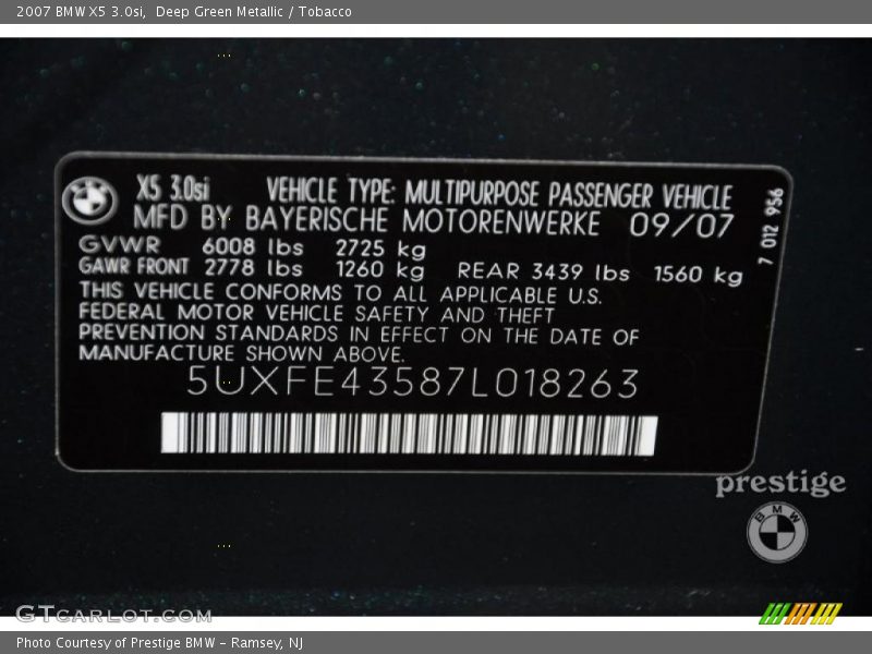 Deep Green Metallic / Tobacco 2007 BMW X5 3.0si