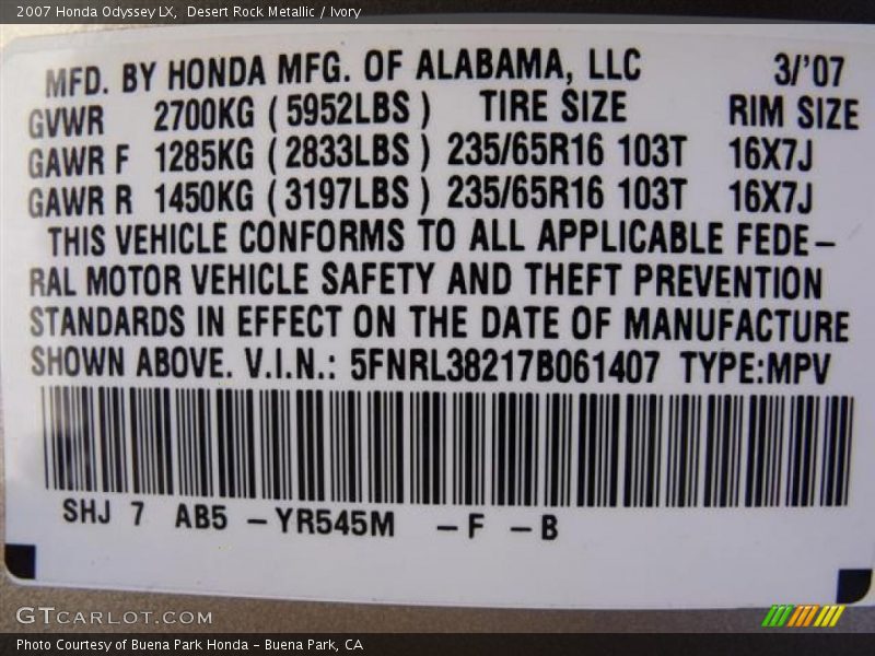 Desert Rock Metallic / Ivory 2007 Honda Odyssey LX