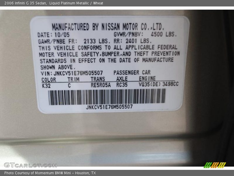 Liquid Platinum Metallic / Wheat 2006 Infiniti G 35 Sedan