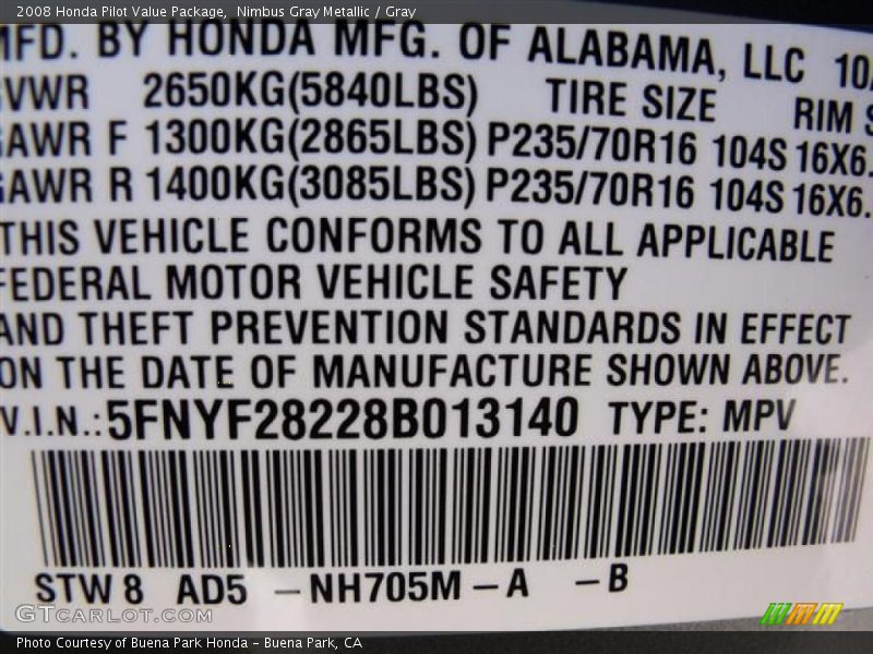 Nimbus Gray Metallic / Gray 2008 Honda Pilot Value Package