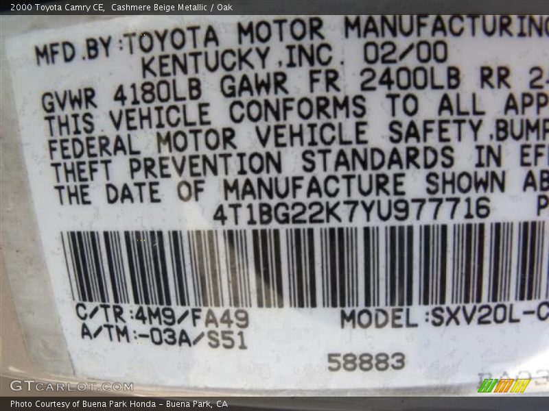 Cashmere Beige Metallic / Oak 2000 Toyota Camry CE