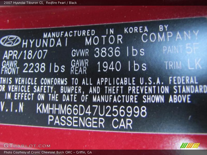 Redfire Pearl / Black 2007 Hyundai Tiburon GS