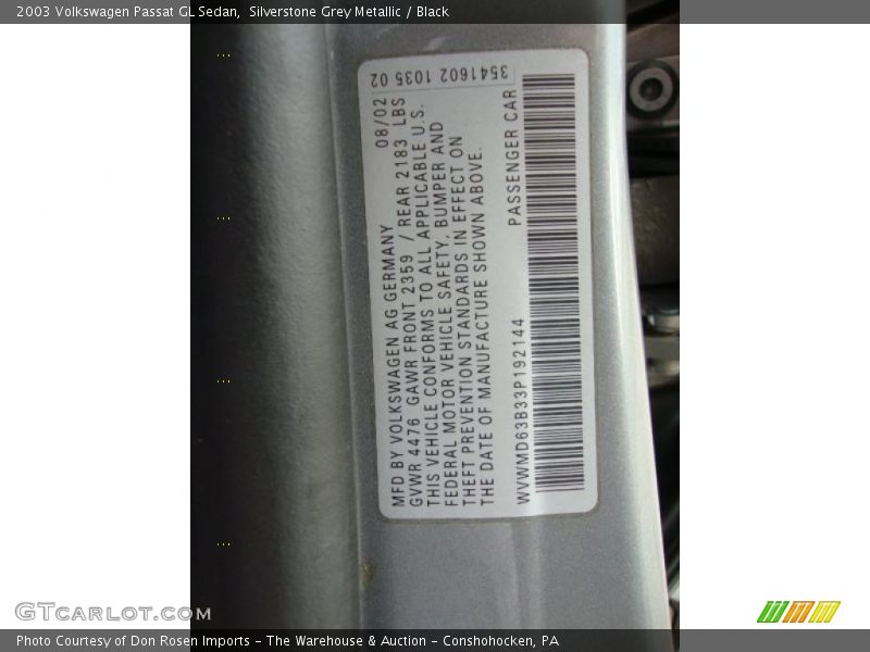 Silverstone Grey Metallic / Black 2003 Volkswagen Passat GL Sedan