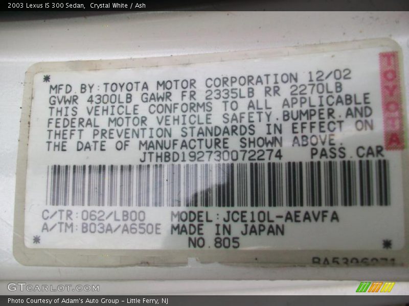 Crystal White / Ash 2003 Lexus IS 300 Sedan