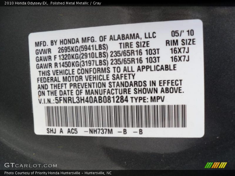 Polished Metal Metallic / Gray 2010 Honda Odyssey EX