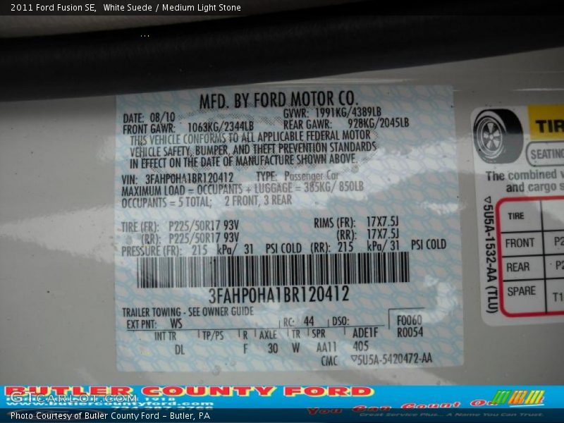 White Suede / Medium Light Stone 2011 Ford Fusion SE