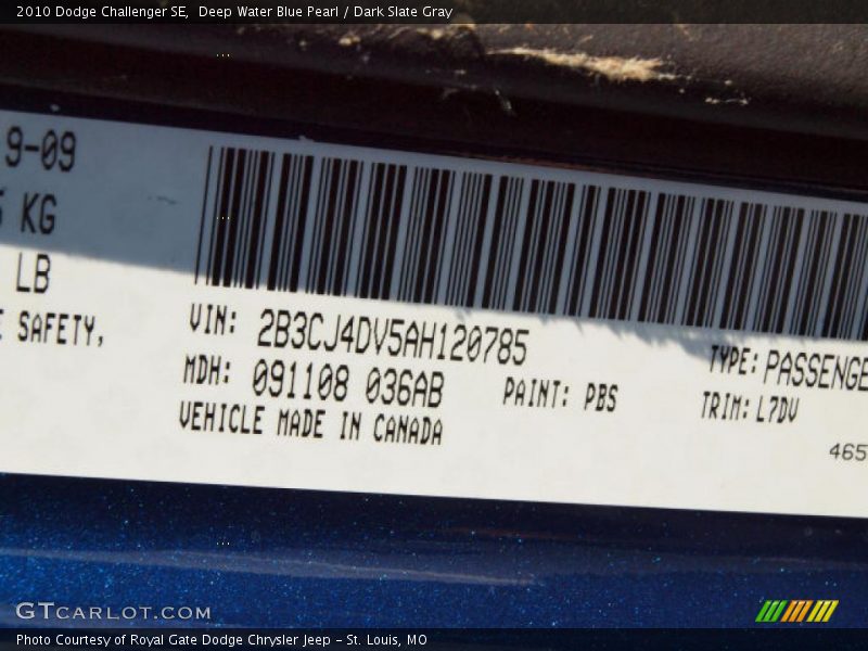 Deep Water Blue Pearl / Dark Slate Gray 2010 Dodge Challenger SE