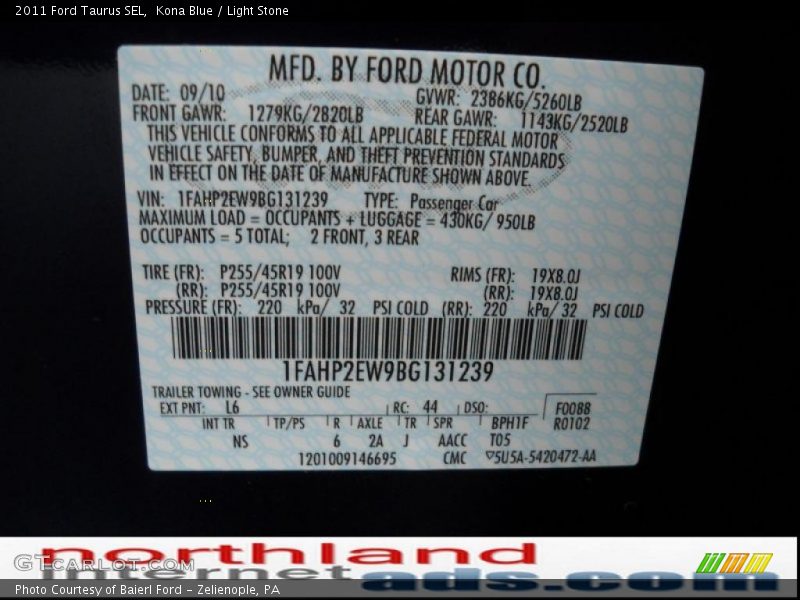 Kona Blue / Light Stone 2011 Ford Taurus SEL