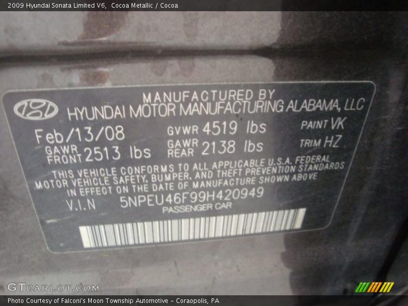 Cocoa Metallic / Cocoa 2009 Hyundai Sonata Limited V6