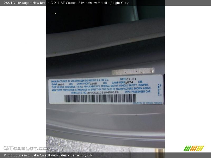 Silver Arrow Metallic / Light Grey 2001 Volkswagen New Beetle GLX 1.8T Coupe