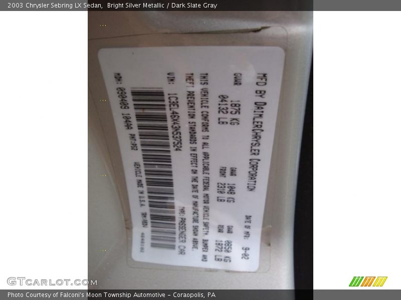 Bright Silver Metallic / Dark Slate Gray 2003 Chrysler Sebring LX Sedan