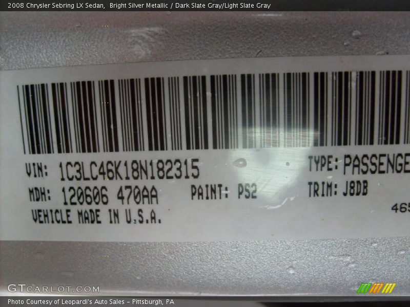 Bright Silver Metallic / Dark Slate Gray/Light Slate Gray 2008 Chrysler Sebring LX Sedan
