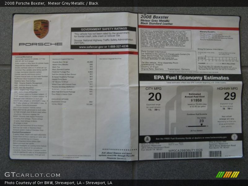  2008 Boxster  Window Sticker