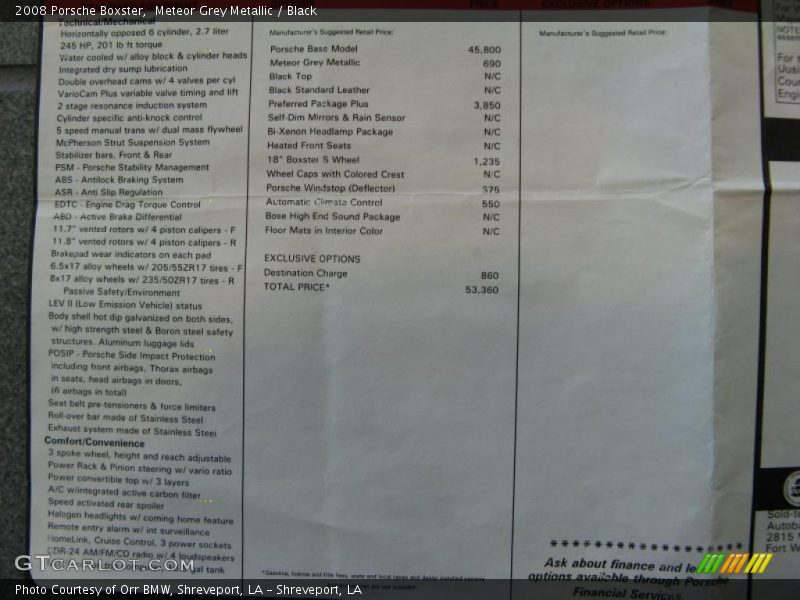  2008 Boxster  Window Sticker