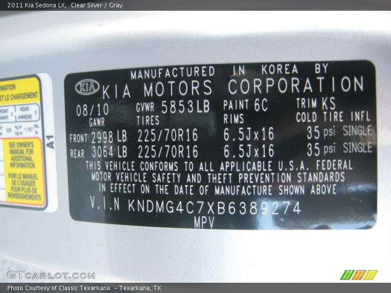 Clear Silver / Gray 2011 Kia Sedona LX