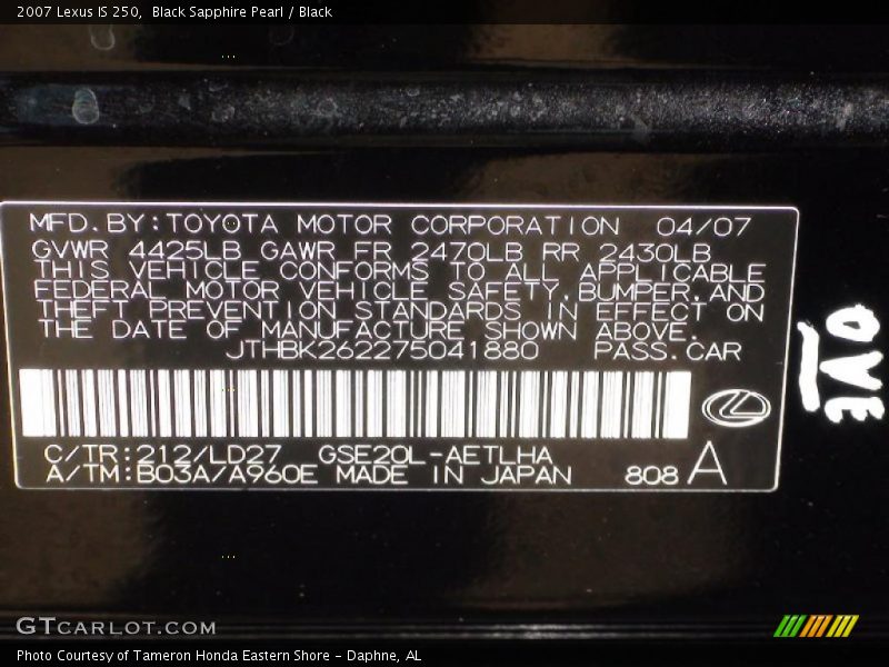 Black Sapphire Pearl / Black 2007 Lexus IS 250