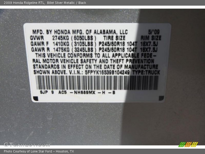 Billet Silver Metallic / Black 2009 Honda Ridgeline RTL