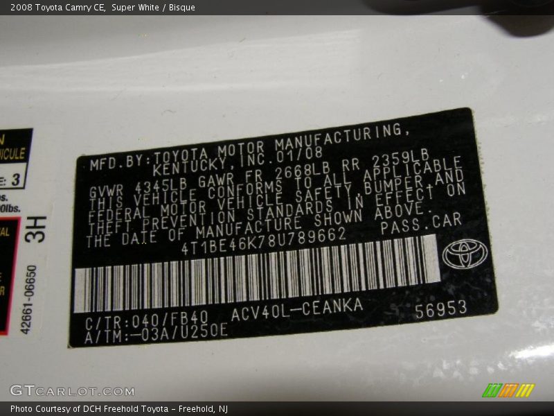Super White / Bisque 2008 Toyota Camry CE
