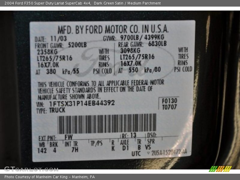 Dark Green Satin / Medium Parchment 2004 Ford F350 Super Duty Lariat SuperCab 4x4
