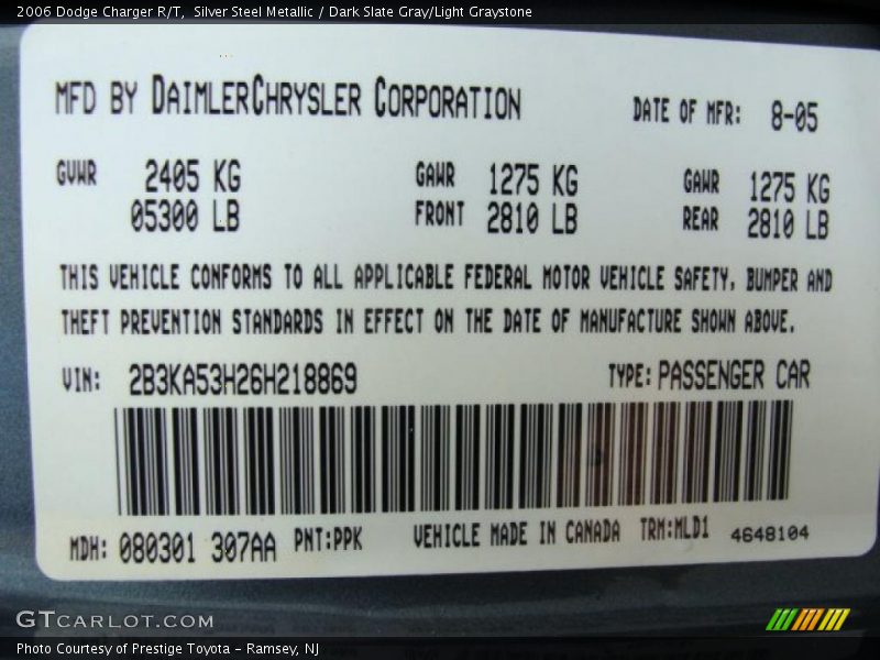 Silver Steel Metallic / Dark Slate Gray/Light Graystone 2006 Dodge Charger R/T
