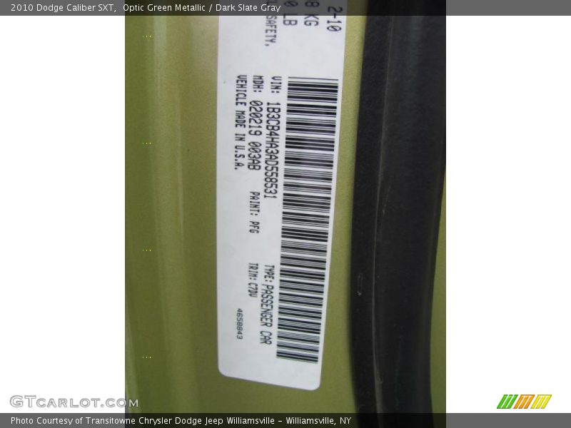 2010 Caliber SXT Optic Green Metallic Color Code PFG