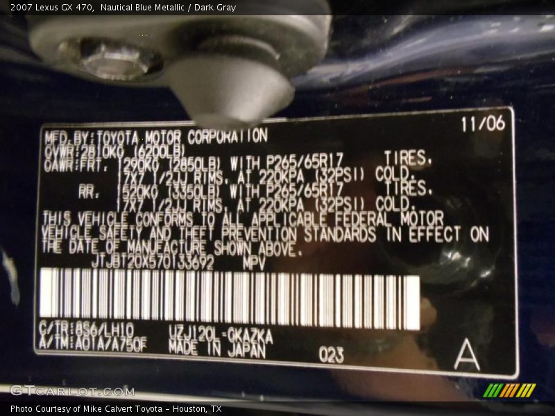Nautical Blue Metallic / Dark Gray 2007 Lexus GX 470
