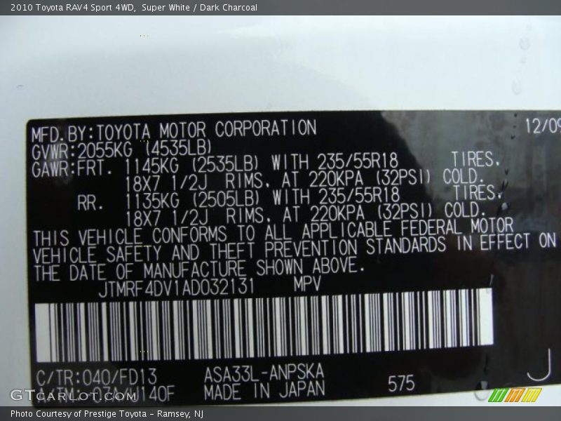 Super White / Dark Charcoal 2010 Toyota RAV4 Sport 4WD