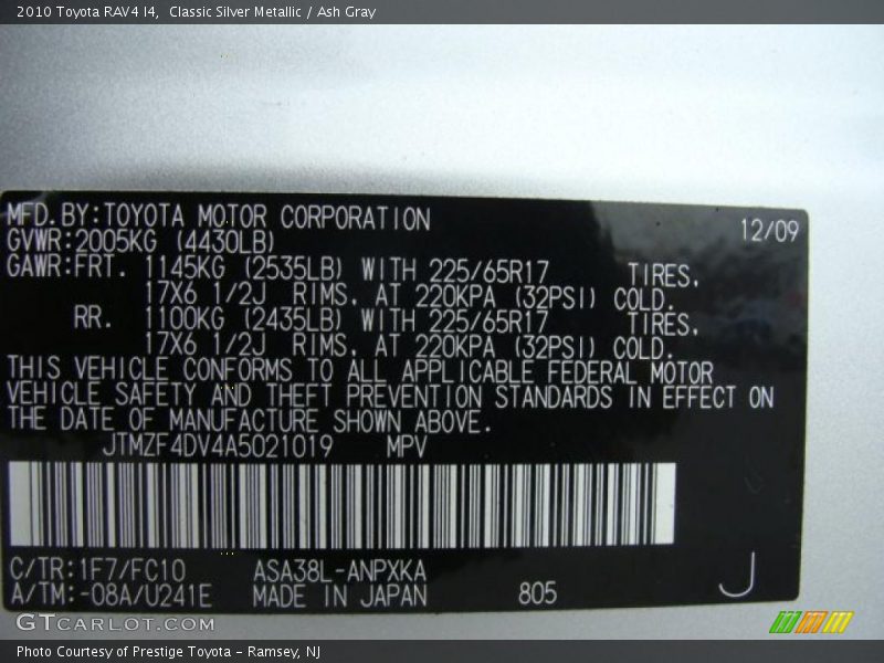 Classic Silver Metallic / Ash Gray 2010 Toyota RAV4 I4