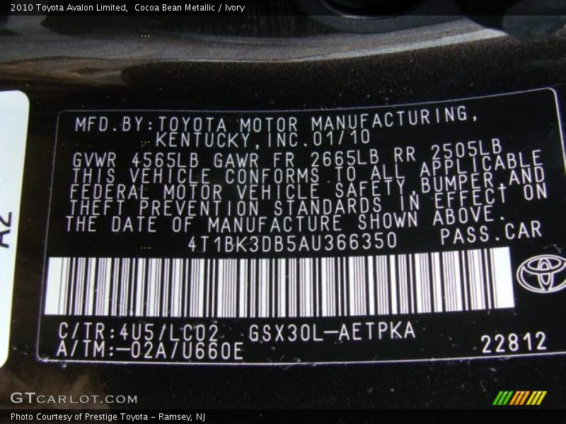 Cocoa Bean Metallic / Ivory 2010 Toyota Avalon Limited